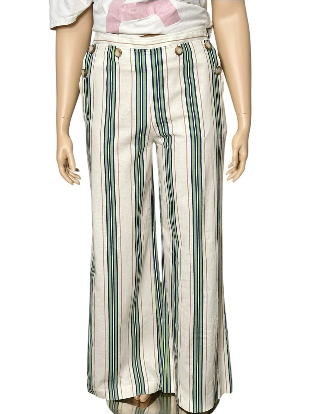 SÉZANE Clayton Linen Cotton Pants, Beige Blue Green Stripes, FR44/US12